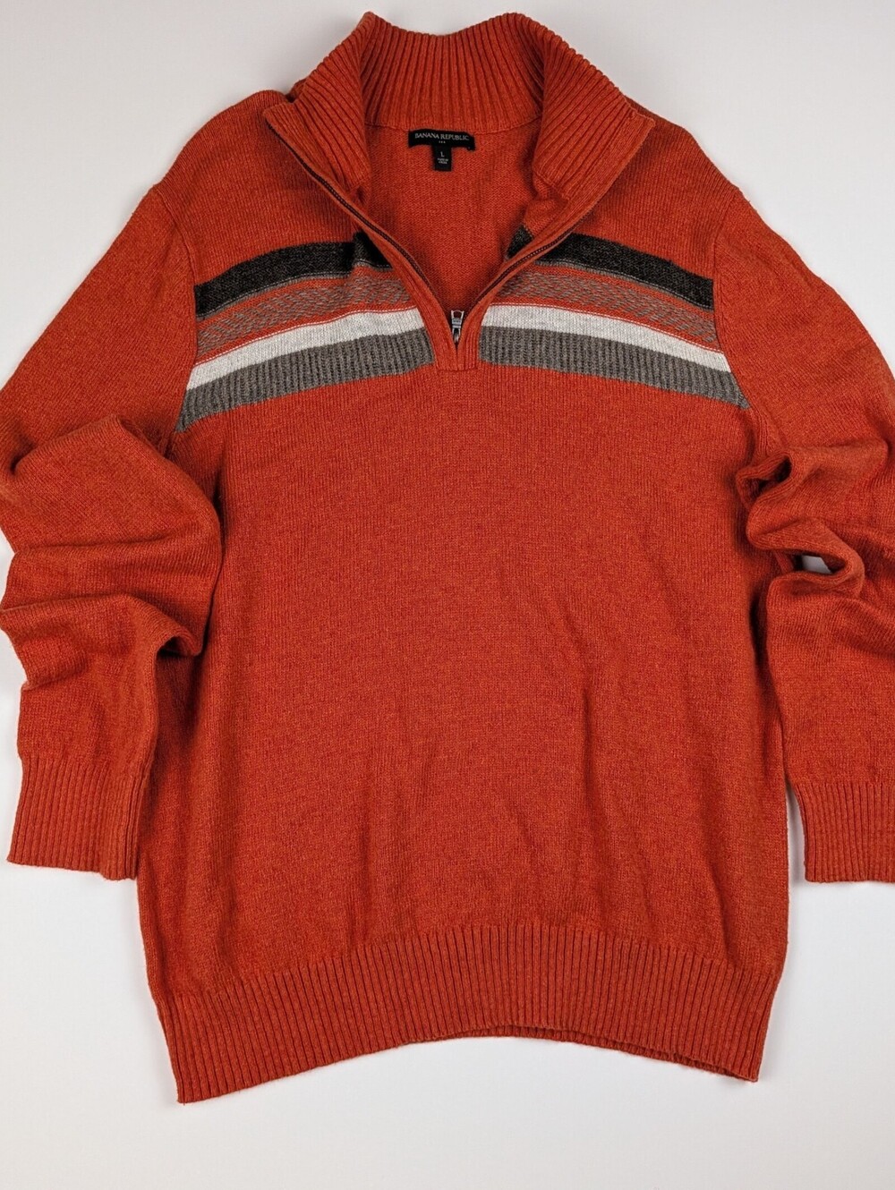 Banana Republic Sweater L Zip Neck Burnt Orange Striped Eclectic Grandpa Wool